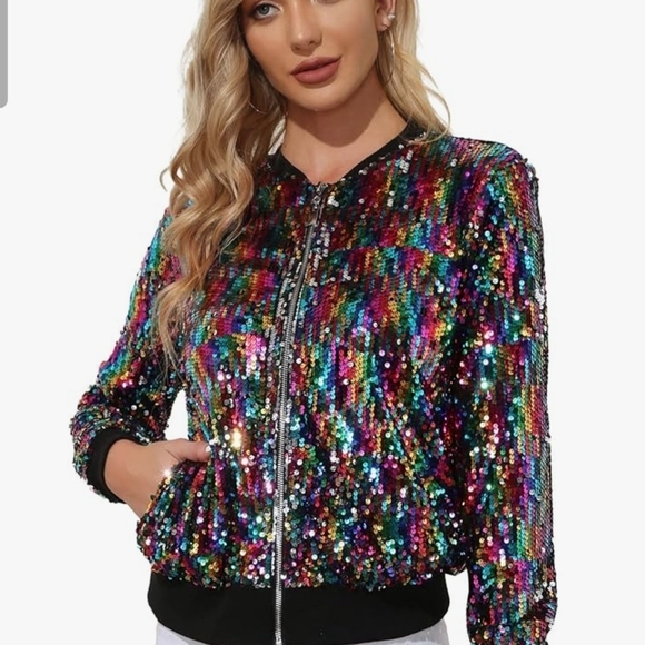 Kancy Kole Jackets & Blazers - KANCY KOLE Womens Sequin Bomber Jacket Rainbow Zip Front Party Blazer Size L